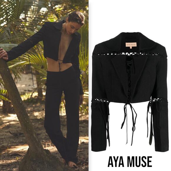 Aya Muse Sycamore Lattice Lace Up Crop Jacket Black Size M - Picture 2 of 10